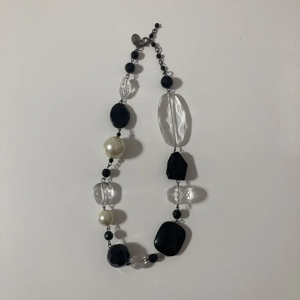 White House Black Market Faux Pearl Black Acrylic Beaded Statement Necklace Mod
